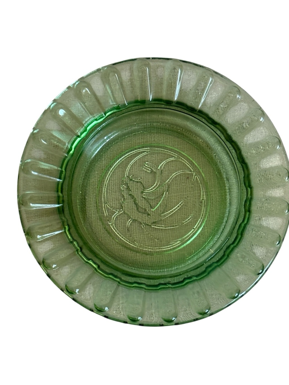 Vintage MGM Grand Las Vegas Green Glass Ashtray Leo the Lion Logo Fluted Scallop
